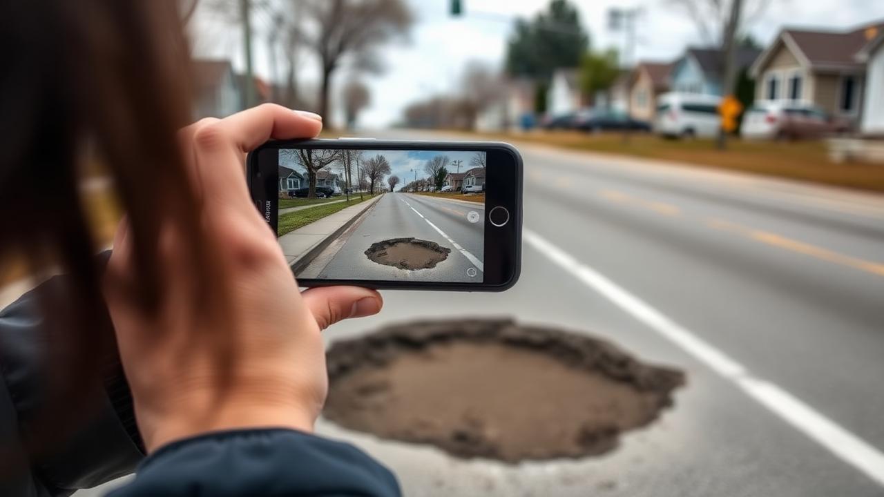Person photographing a pothole on an Ontario street with a smartphone